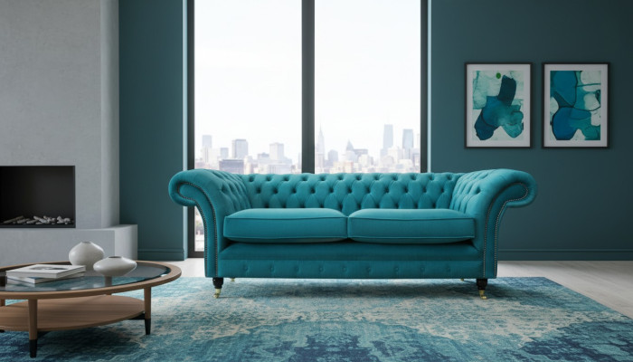 Sofá tapizado Chesterfield de tres plazas de tela azul diseño salón