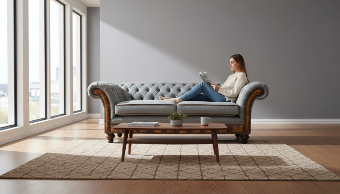 Couch de lujo de tres plazas moderna, muebles gris, sofás de tela textil acolchado.