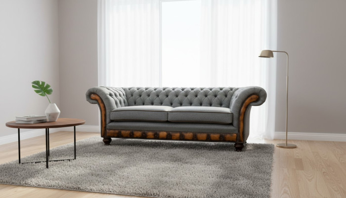 Couch de lujo de tres plazas moderna, muebles gris, sofás de tela textil acolchado.
