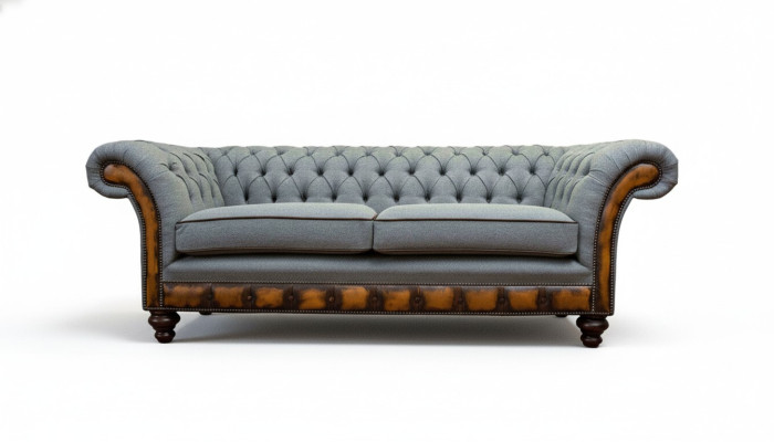 Couch de lujo de tres plazas moderna, muebles gris, sofás de tela textil acolchado.