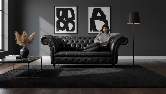 Tres asientos Sofá de lujo 3 plazas Sofás Asiento de cuero negro Chesterfield