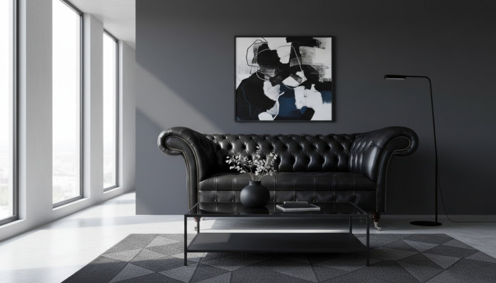Tres asientos Sofá de lujo 3 plazas Sofás Asiento de cuero negro Chesterfield