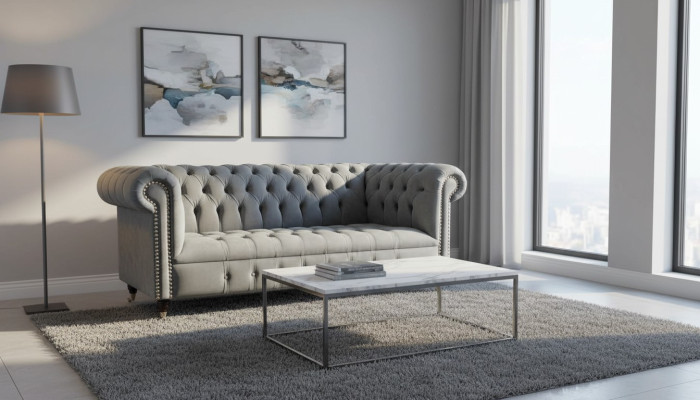 Sofá de 3 plazas de tela Sofás Cama Chesterfield Gris de Tres Plazas