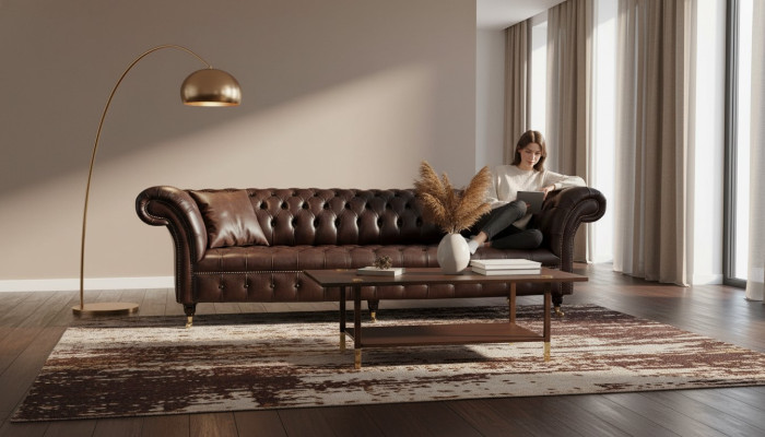 Sofá Chesterfield de 4 plazas, lujo de 245 cm, sofá de cuero, muebles.
