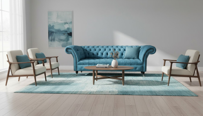 Sofá de terciopelo azul de tres plazas para la sala de estar, sofá chesterfield.
