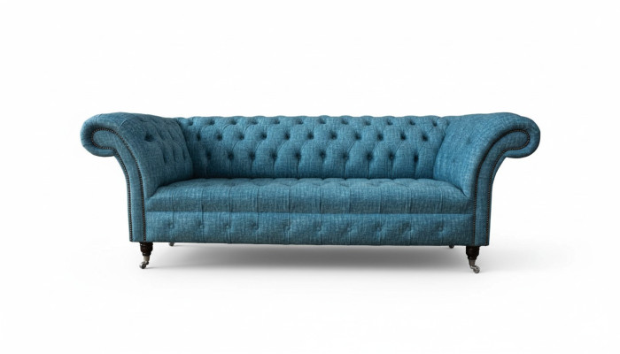 Sofá de terciopelo azul de tres plazas para la sala de estar, sofá chesterfield.