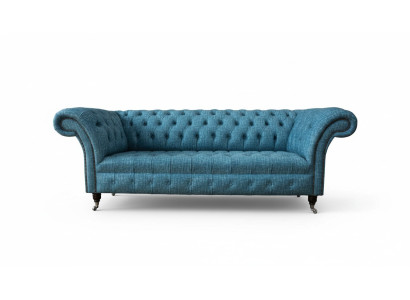 Sofá de terciopelo azul de tres plazas para la sala de estar, sofá chesterfield.