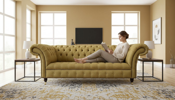 Chesterfield Sofá de lujo de tres plazas 3 plazas Sofás Diseño de sofá Beige de orquidia
