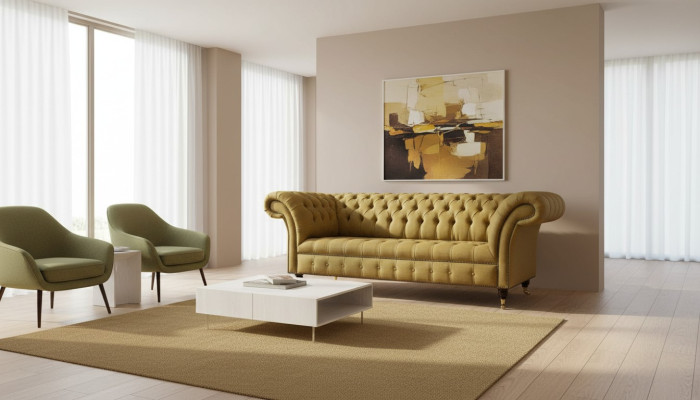 Chesterfield Sofá de lujo de tres plazas 3 plazas Sofás Diseño de sofá Beige de orquidia