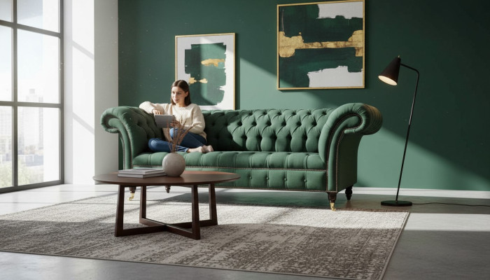 Sofá de tres plazas textil verde muebles Chesterfield.