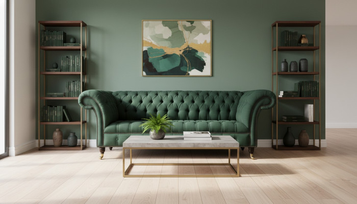 Sofá de tres plazas textil verde muebles Chesterfield.