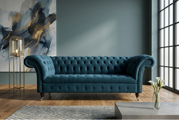 Sofá Chesterfield de 3 plazas, sofás tapizados de lujo en tela de diseño.