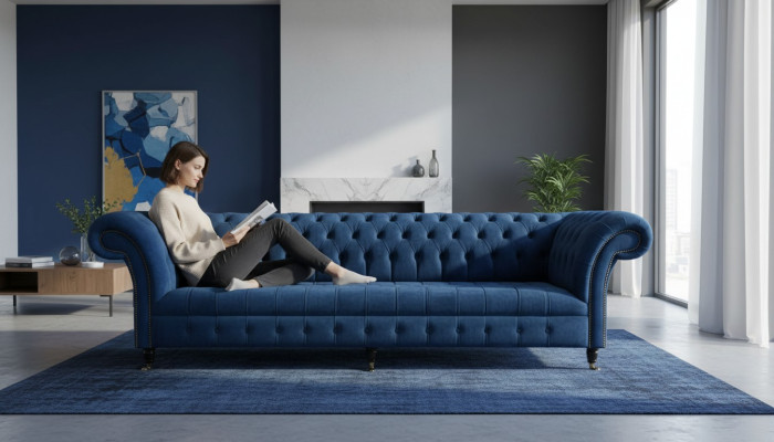 Chesterfield Gran Sofá de Tela de Terciopelo Acolchado Sofás de 4 Plazas Sofás