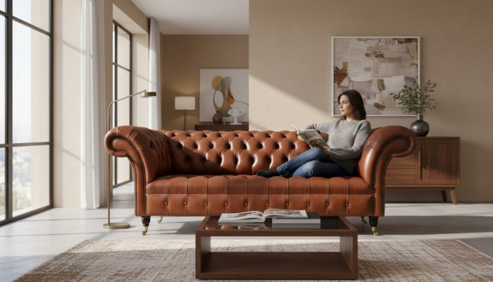 Sofá Chesterfield de 3 plazas marrón moderno de cuero acolchado diseño de sala de estar.