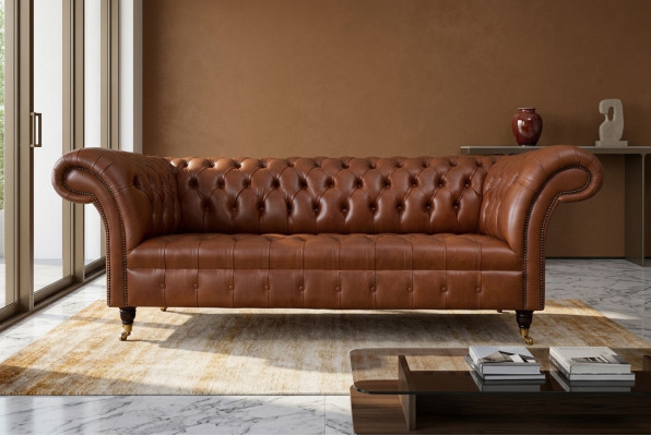 Sofá Chesterfield de 3 plazas marrón moderno de cuero acolchado diseño de sala de estar.