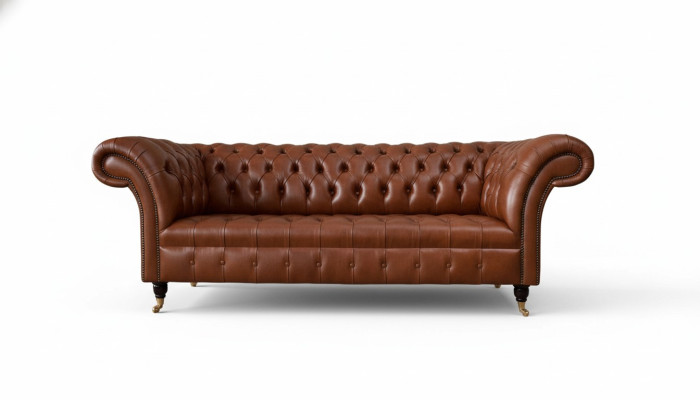 Sofá Chesterfield de 3 plazas marrón moderno de cuero acolchado diseño de sala de estar.