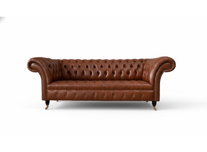 Sofá Chesterfield de 3 plazas marrón moderno de cuero acolchado diseño de sala de estar.