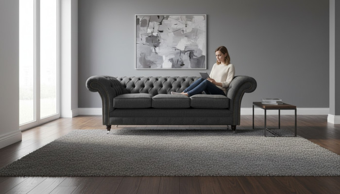 Chesterfield Tela Tapizado Diseño Sofá Lujo Sofá Gris de 3 Plazas