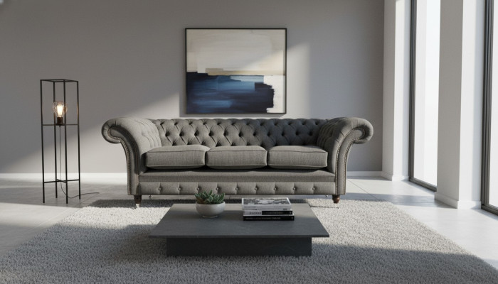 Chesterfield Tela Tapizado Diseño Sofá Lujo Sofá Gris de 3 Plazas