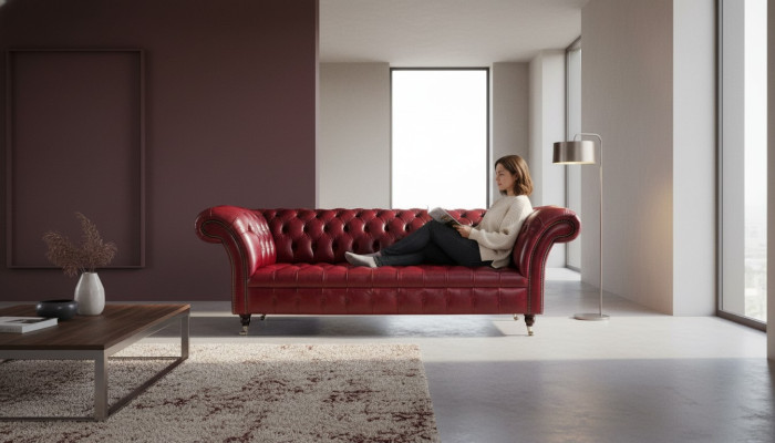Chesterfield de 3 plazas sofá de cuero tapizado de lujo color marrón muebles de 230 cm.