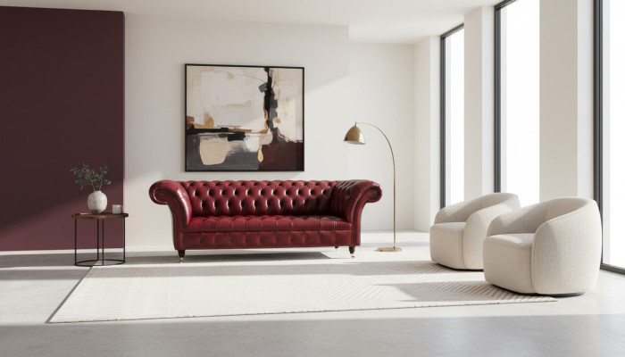 Chesterfield de 3 plazas sofá de cuero tapizado de lujo color marrón muebles de 230 cm.