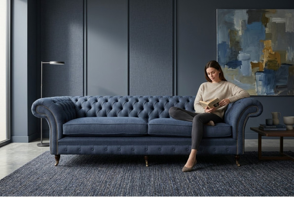 Sofá Chesterfield de diseño 4 plazas tela sofá azul tapizado sala de estar