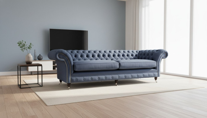 Sofá Chesterfield de diseño 4 plazas tela sofá azul tapizado sala de estar