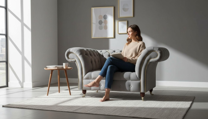 Graue Chesterfield Ohrensessel Grau Sessel Couch Stoffsofa Wohnzimmer  Sillón orejero Chesterfield gris, sillón gris, sofá de tela, sala de estar