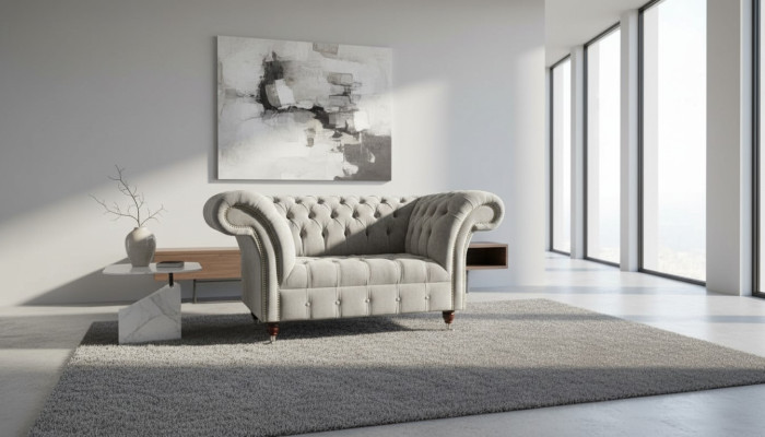 Graue Chesterfield Ohrensessel Grau Sessel Couch Stoffsofa Wohnzimmer  Sillón orejero Chesterfield gris, sillón gris, sofá de tela, sala de estar