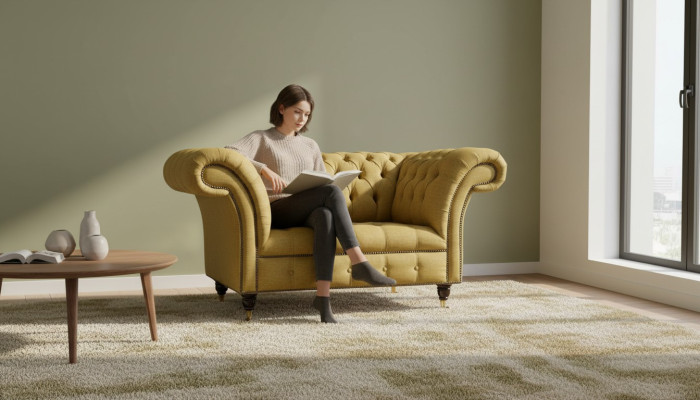 Sillón Chesterfield de diseño, sofá tapizado marrón en tela, mueble nuevo.