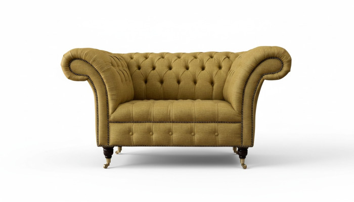 Sillón Chesterfield de diseño, sofá tapizado marrón en tela, mueble nuevo.