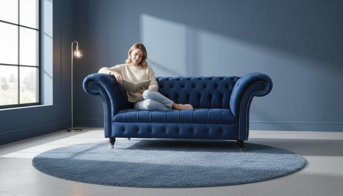 Muebles de oficina Chesterfield ingleses, sofá, sofá de 2 plazas en azul real.