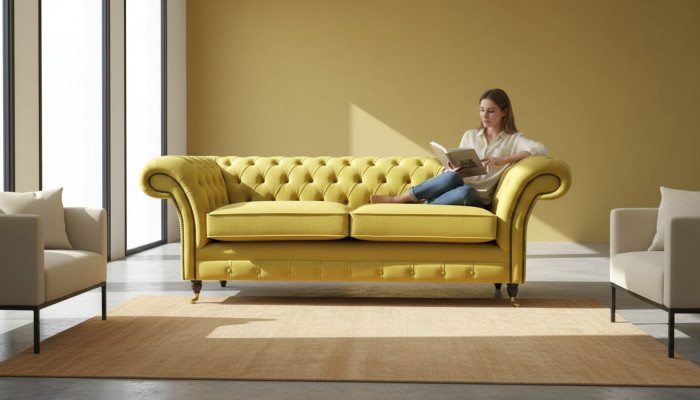 Textil 3 plazas Azul Tela Diseño Sofá Acolchado 230cm Sofá Chesterfield