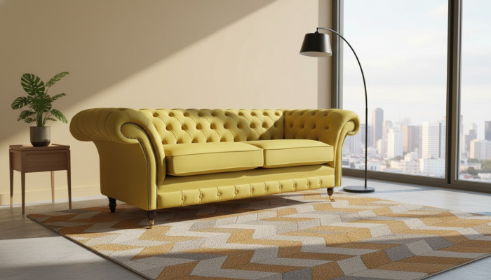 Textil 3 plazas Azul Tela Diseño Sofá Acolchado 230cm Sofá Chesterfield
