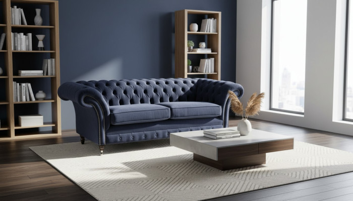 Salón clásico Chesterfield de terciopelo azul de 3 plazas.