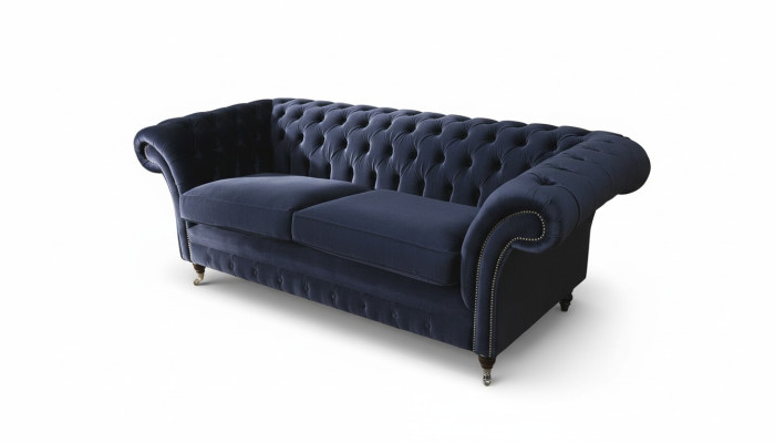 Salón clásico Chesterfield de terciopelo azul de 3 plazas.