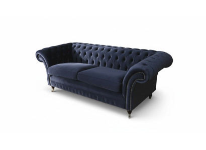 Salón clásico Chesterfield de terciopelo azul de 3 plazas.