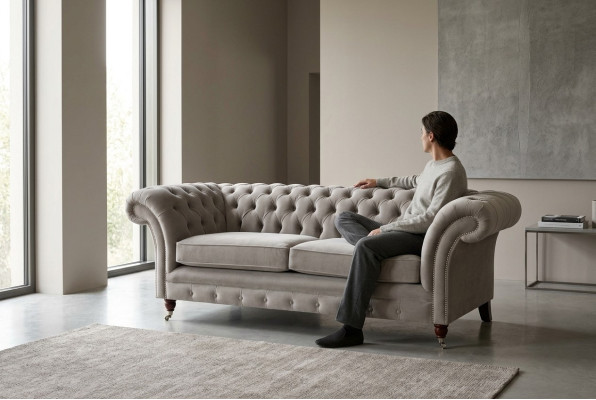 Chesterfield 3 plazas Sofá de salón Relax Textil Tapizado Sofá de tela Cojines.