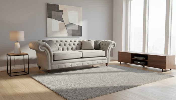 Chesterfield 3 plazas Sofá de salón Relax Textil Tapizado Sofá de tela Cojines.