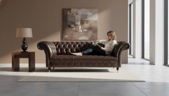 Sofá Chesterfield de tres plazas, sofás de 3 plazas de cuero marrón, sala de estar de lujo.