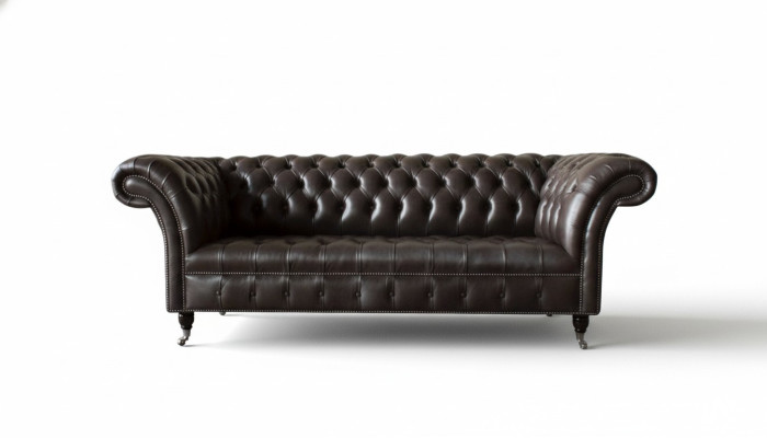 Sofá Chesterfield de tres plazas, sofás de 3 plazas de cuero marrón, sala de estar de lujo.