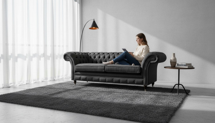 Sofá Chesterfield de sala de estar, sofá de tres plazas, diseño negro, muebles nuevos.