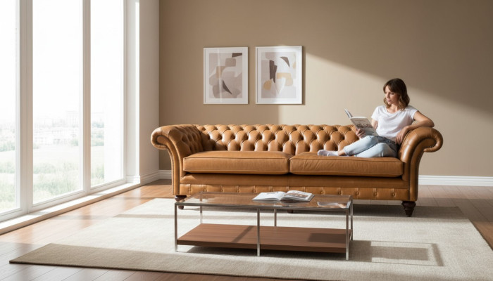 Sofá de 4 plazas Chesterfield tapizado en cuero diseño marrón muebles