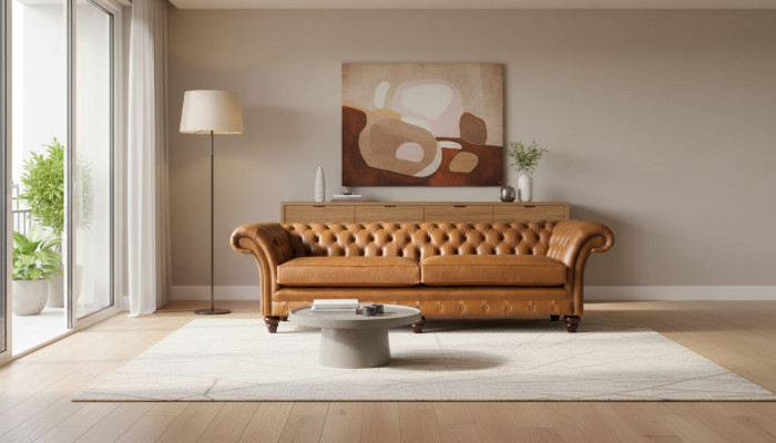 Sofá de 4 plazas Chesterfield tapizado en cuero diseño marrón muebles