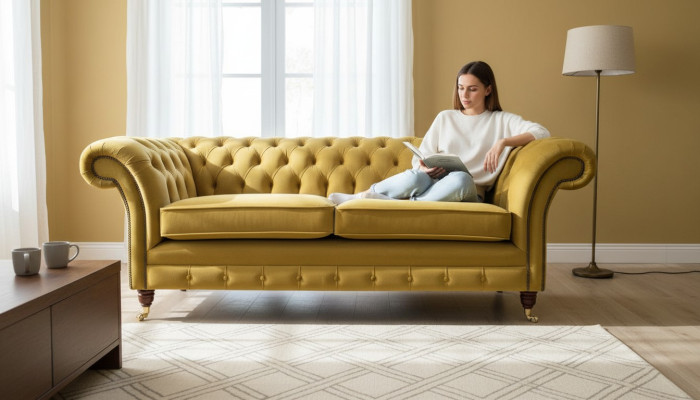 Sofá Chesterfield de 3 plazas, diseño de lujo, estilo textil.