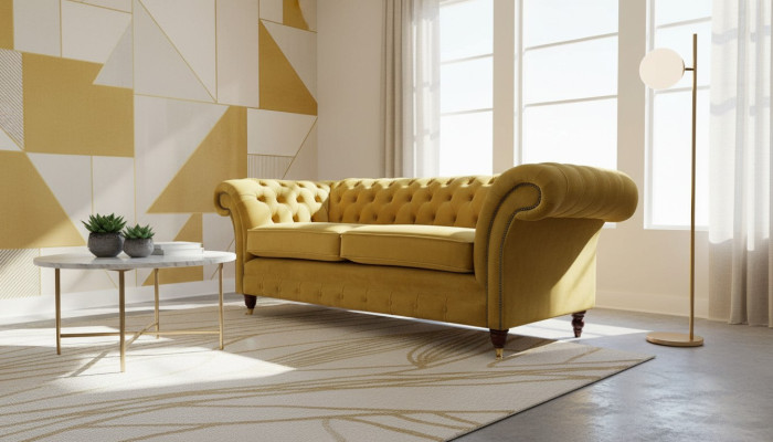 Sofá Chesterfield de 3 plazas, diseño de lujo, estilo textil.