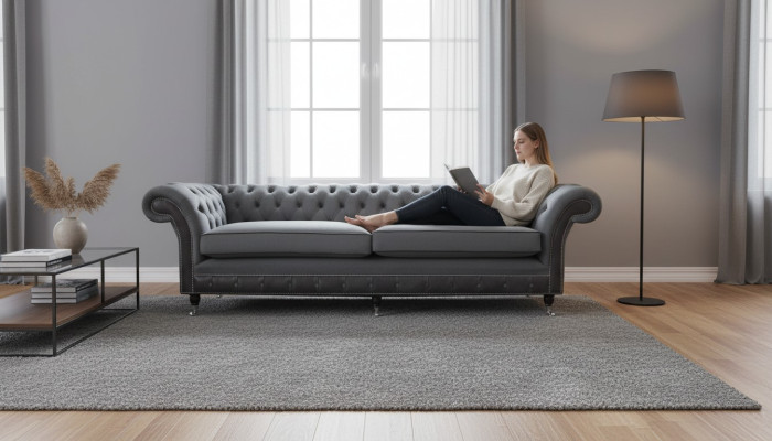 Sofá de diseño Couch Luxus poltronas sofá de 4 plazas Chesterfield lujo gris.