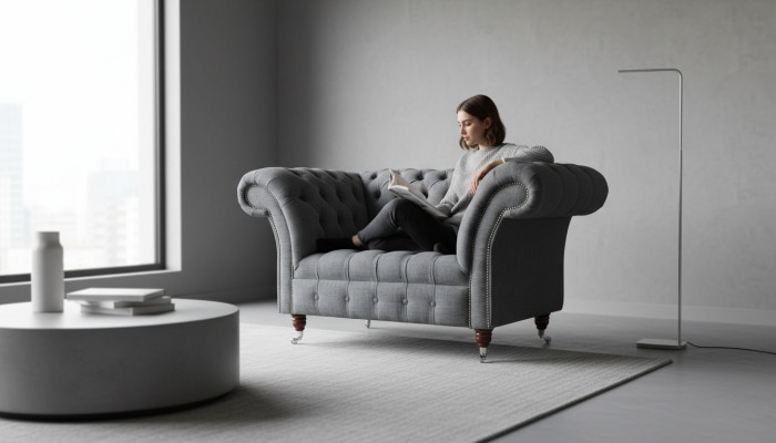 Chesterfield Diseño Sillón Gris Tapizado Textil de Lujo Sofá 1 Plaza