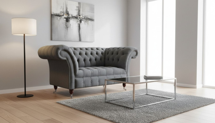 Chesterfield Diseño Sillón Gris Tapizado Textil de Lujo Sofá 1 Plaza