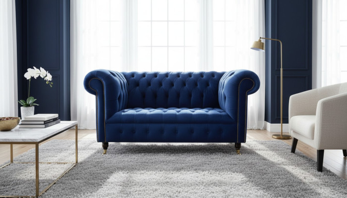 Chesterfield mobiliario de oficina Asiento sofá sofá 2 plazas Textil Azul